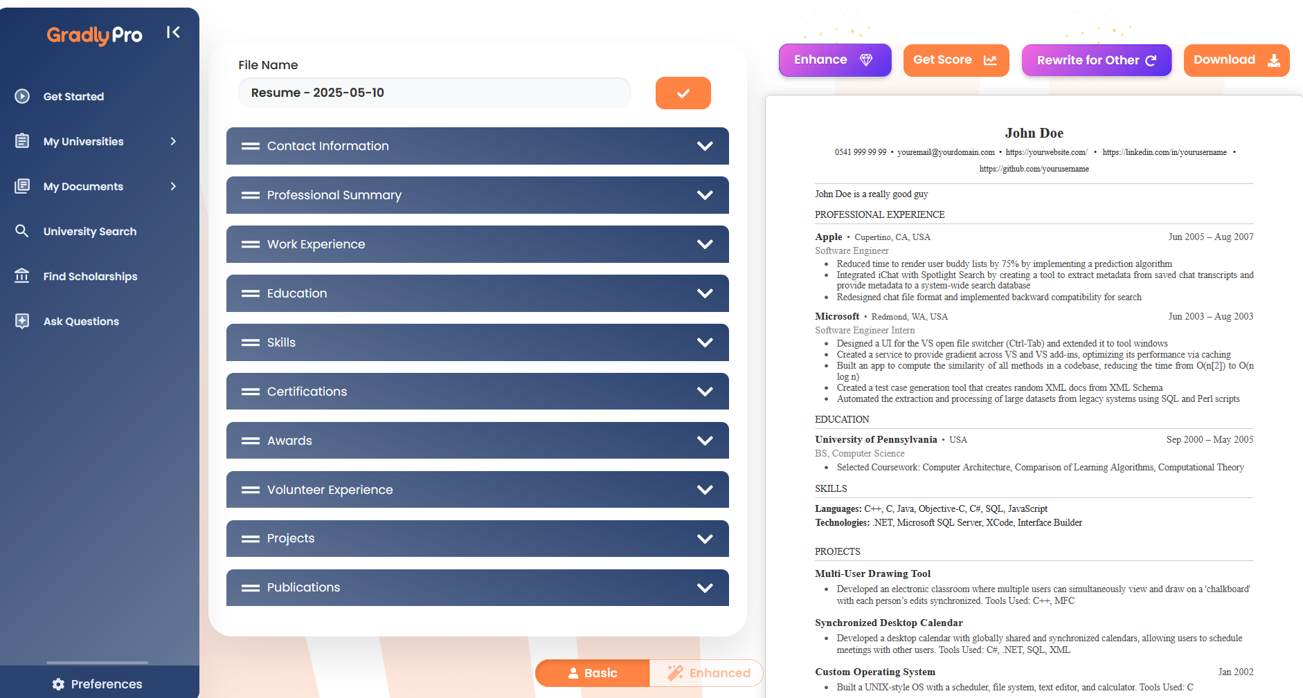 The Gradly Resume Genie interface