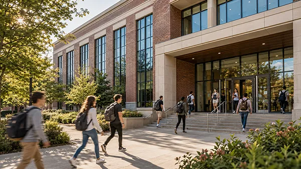 Students walking into a campus building