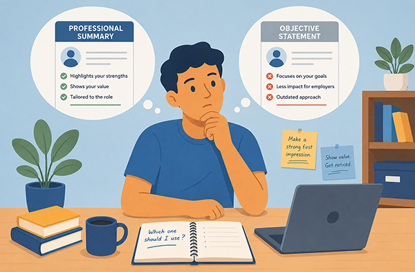 Side-by-side comparison of a professional summary and objective statement on a resume