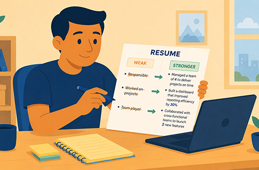 Student improving weak resume bullet points into stronger achievement-focused bullets