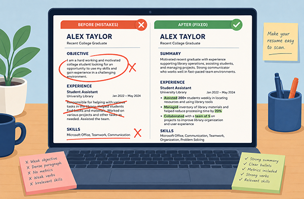 Two resumes compared side by side with mistakes marked and corrections highlighted