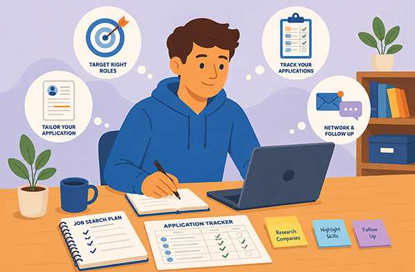 Student organizing job applications with a laptop, notes, and a simple application tracker